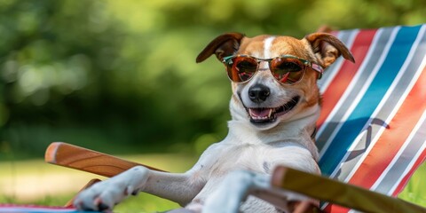 Dog in Sunglasses Relaxing on Lawn Chair