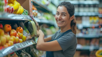 Obraz premium Smiling woman in apron working in a grocery store produce section surrounded by fresh fruits and vegetables.