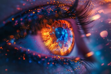 Closeup of woman's eye with vibrant blue and orange glowing iris in striking detail and color contrast - obrazy, fototapety, plakaty