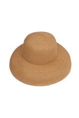 Close-up shot of a beige straw broad-brim sun hat. The casual straw hat with a wide brim is isolated on a white background. Front view.