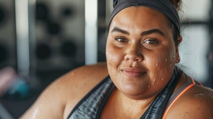 Woman with sweaty skin smiling wearing a black sports bra with orange trim in a gym setting. - obrazy, fototapety, plakaty