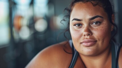 A close-up portrait of a woman with a warm complexion freckles and curly hair wearing a sleeveless top with a blurred background suggesting an urban setting. - obrazy, fototapety, plakaty