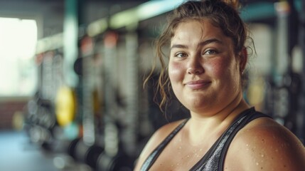 Naklejka premium A woman with a radiant smile standing in a gym her skin glistening with sweat wearing a black tank top surrounded by exercise equipment.