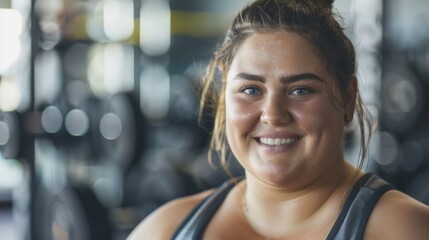 A woman with a radiant smile wearing a sports top standing in a gym with blurred weights in the...