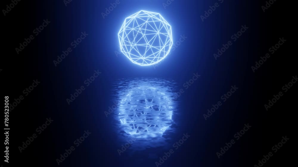 Poster neon design of wireframe sphere. 4k video with various neon elements and a reflecting floor. looped 