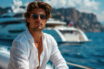 Young successful businessman on a yacht