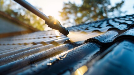 Man spraying a roof with a pressure washer cleaning off dirt and debris under a clear blue sky.