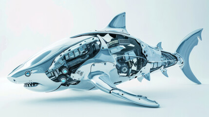 Robotic shark isolated on a white background, concept of futuristic world