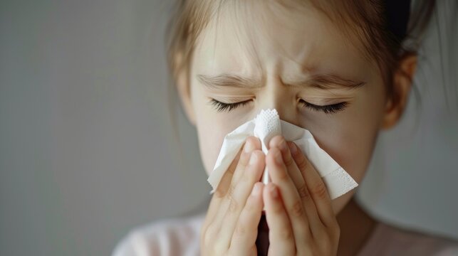 A young girl with closed eyes holding a white tissue to her nose appearing to be in a moment of discomfort or sadness.