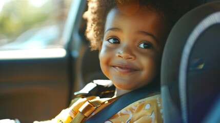 A young child with curly hair smiling and looking towards the camera seated in a car seat with a blurred background of a car interior. - obrazy, fototapety, plakaty