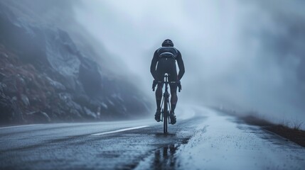 A lone cyclist clad in a black jacket and helmet pedaling down a foggy mountain road surrounded by...