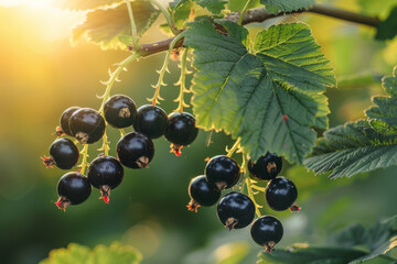 A bunch of black berries hanging from a tree. The berries are ripe and ready to be picked. Natural blackcurrant on a blurred background of a currant garden at golden hour. The concept of organic - obrazy, fototapety, plakaty