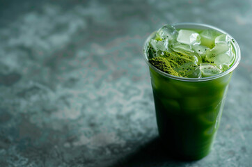 Glass of cold matcha with ice on a dark background
