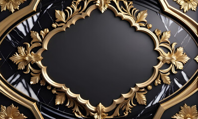 background, model of ceiling or wall decoration with 3d wallpaper. decorative frame on a luxurious background of black and gold marble and mandala