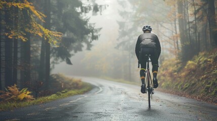 A cyclist in a black jacket and helmet riding a bicycle on a misty tree-lined road with autumn foliage.