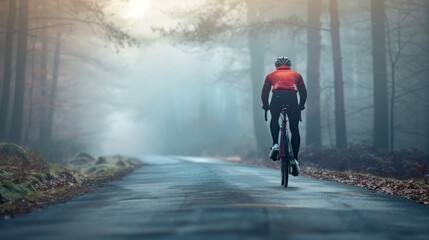 A cyclist in a red jacket and black pants ridinga bicycle on a misty tree-lined road. - obrazy, fototapety, plakaty