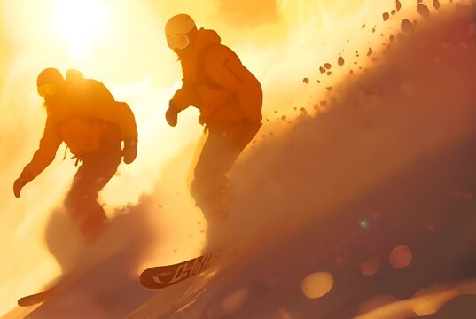 Snowboard duo in action against a warm sunset light. Energetic winter sports scene with a dynamic feel. Generative AI