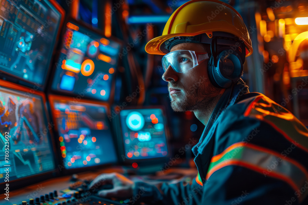 Poster a man in a yellow helmet is looking at a computer monitor. he is wearing a black jacket and orange v