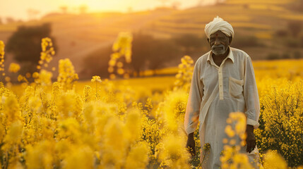 An indian farmer standing in a field of yellow mustard flowers.