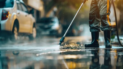 A person in a raincoat and boots using a high-pressure washer to clean a wet street. - obrazy, fototapety, plakaty