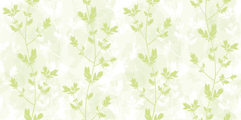 Spring branches seamless vector pattern. Small leaves prune, delicate green watercolor floral ornament - obrazy, fototapety, plakaty