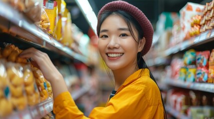 A cheerful young woman in a yellow jacket and maroon hat smiling and browsing a supermarket aisle filled with snack foods.