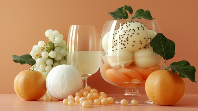 Elegant dessert and fruits on peach background: elegant fruit arrangement with white wine, featuring grapes, dragon fruit, oranges, and more