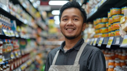 Smiling man wearing apron standing in a well-stocked grocery store aisle with various canned goods. - obrazy, fototapety, plakaty
