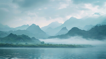 minimalistic landscape with fog, mountains in the morning