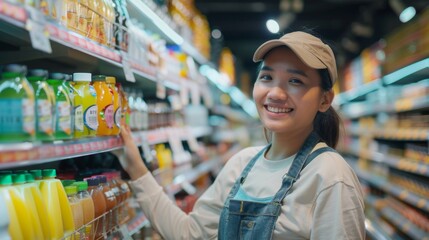 A smiling woman in a cap and overalls standing in a well-stocked supermarket aisle with various juice bottles.