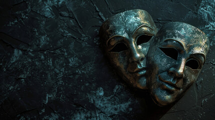 Two theatrical masks on dark background with copy space - obrazy, fototapety, plakaty