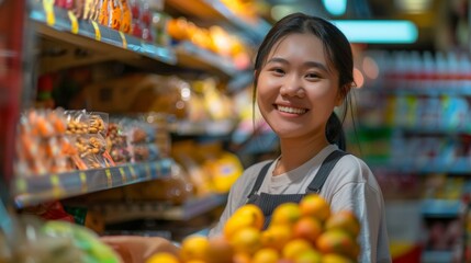 Smiling woman in apron standing in front of a fruit display in a grocery store.
