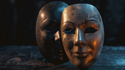 Two theatrical masks on dark background with copy space - obrazy, fototapety, plakaty