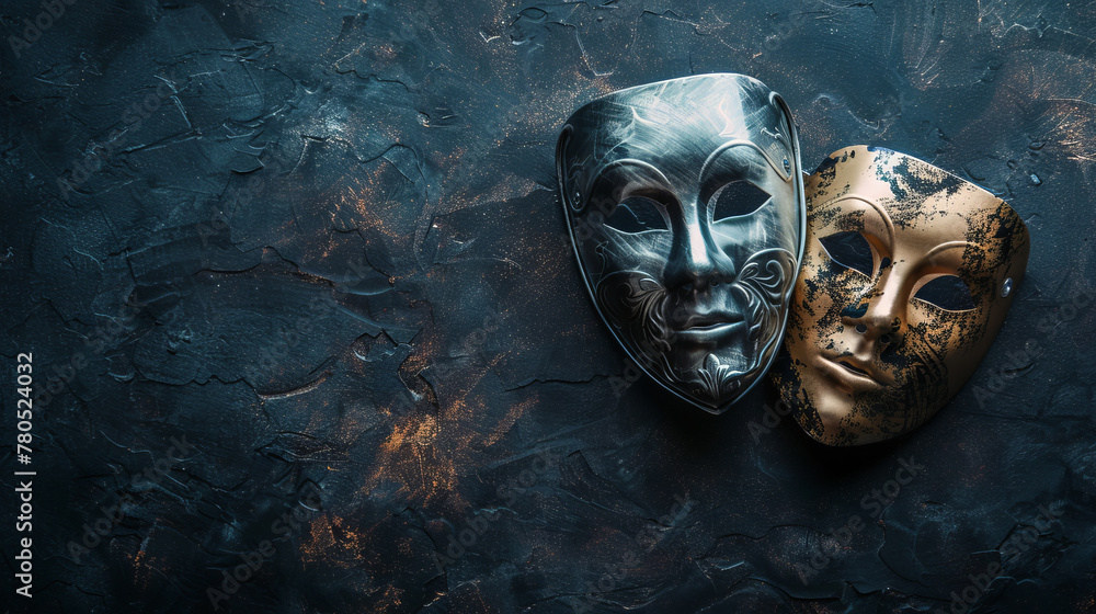 Wall mural Two theatrical masks on dark background with copy space