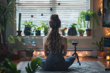 young fitness blogger records yoga lessons for a video blog - Powered by Adobe