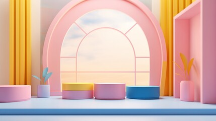 A set of pink, yellow, blue, and white realistic 3D cylinder stand podiums arranged elegantly in an arch window, within a vector abstract studio room featuring geometric platforms, ideal for product s