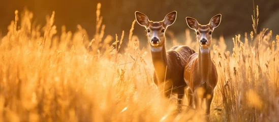 Foto auf Leinwand A pair of roe deer standing together in a sunny summer field. © Sona