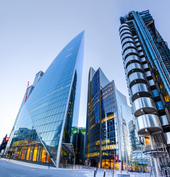 London, UK - May 20, 2023: The Lime Street in the financial district of the City of London  with the Lloyd's building, the Scalpel and Willis Buildings