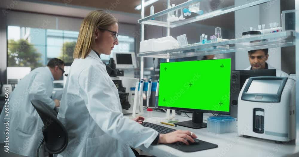 Poster Caucasian Female Scientist Working on a Desktop Computer with a Green Screen Mock Up Display. Advanced Biotechnology Laboratory in a Medical Research and Development Center