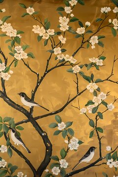  Chinoiserie  painting features   White plum blossom and birds on gold foiled  wall art,  Moody vintage farmhouse luxury nature, digital art printing, background, wallpaper