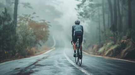 A cyclist wearing a helmet and riding a bicycle on a foggy tree-lined road.