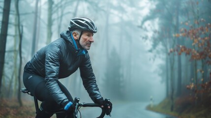 An older man in a black jacket and helmet riding a bicycle on a foggy tree-lined road.