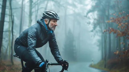 Zelfklevend Fotobehang An older man in a black jacket and helmet riding a bicycle on a foggy tree-lined road. © iuricazac