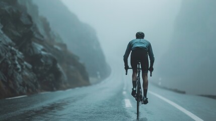 A lone cyclist clad in a blue jacket and black pants pedaling down a foggy mountain road with a backpack under a gray sky.