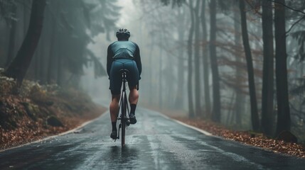 A lone cyclist pedaling down a misty wet forest road surrounded by tall trees and fallen leaves...
