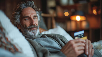 A man is laying on a bed with a credit card in his hand. He looks tired and is holding the card close to his face. attractive middle age man sitting on bed holding credit card