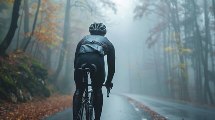 A cyclist in a black and gray outfit wearing a helmet pedaling down a misty autumnal forest road.
