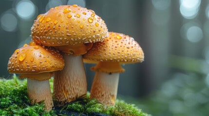 A family of porcini mushrooms resembling a friendly family. Still life with beautiful porcini mushrooms on moss in the forest, macro. 