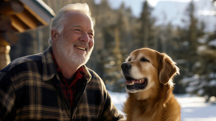 A Bond Like No Other, Elderly Man and His Faithful Dog at Their Cabin, Lifelong Friendship, Generative AI