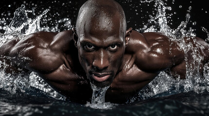Swim Strong, Muscular Black Man Swimming and Splashing Water, Strength and Grace, Generative AI